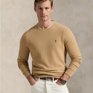 Polo Ralph Lauren Men Mesh Knit Cotton Crewneck‎ Sweater XL Tan Academia Preppy